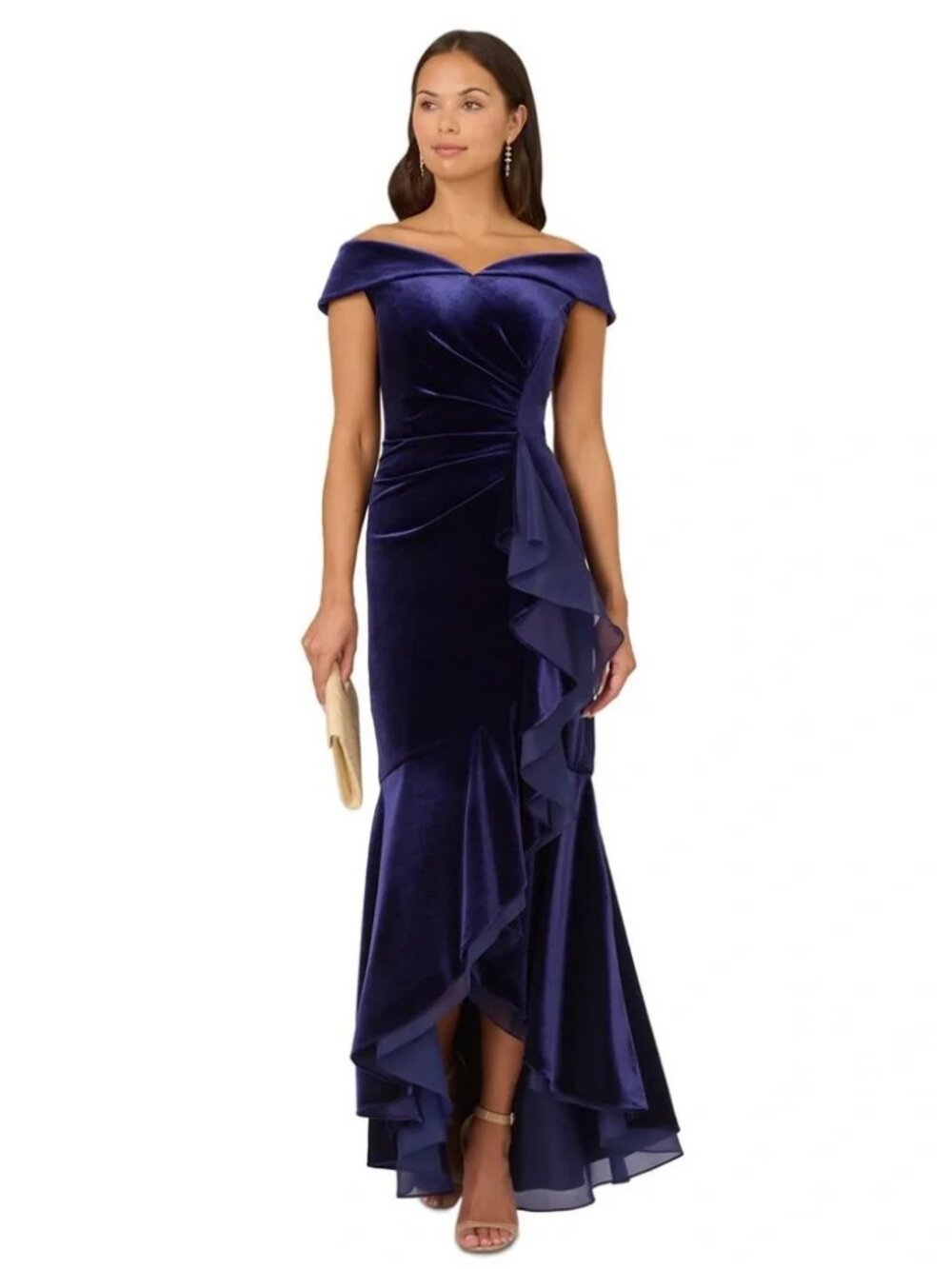 Majestic Indigo Off-The-Shoulder Organza-Trim Velvet Gown